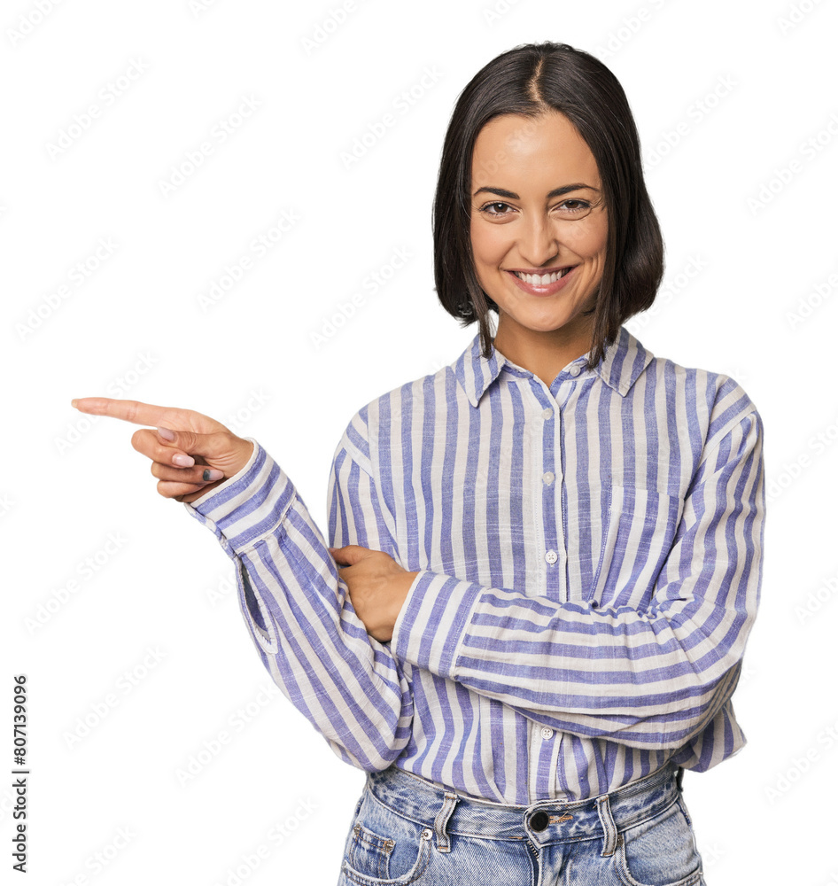 Young Caucasian woman with short hair smiling cheerfully pointing with forefinger away. Young Caucasian woman with short hair smiling cheerfully pointing with forefinger away.