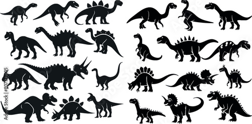 Dino icons set. Dinosaurs black silhouettes
