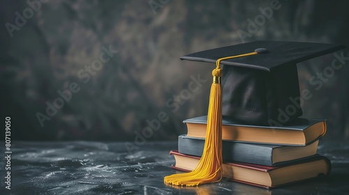 A graduation cap with a yellow tassel resting on a stack of hardcover books against a dark grey background photo
