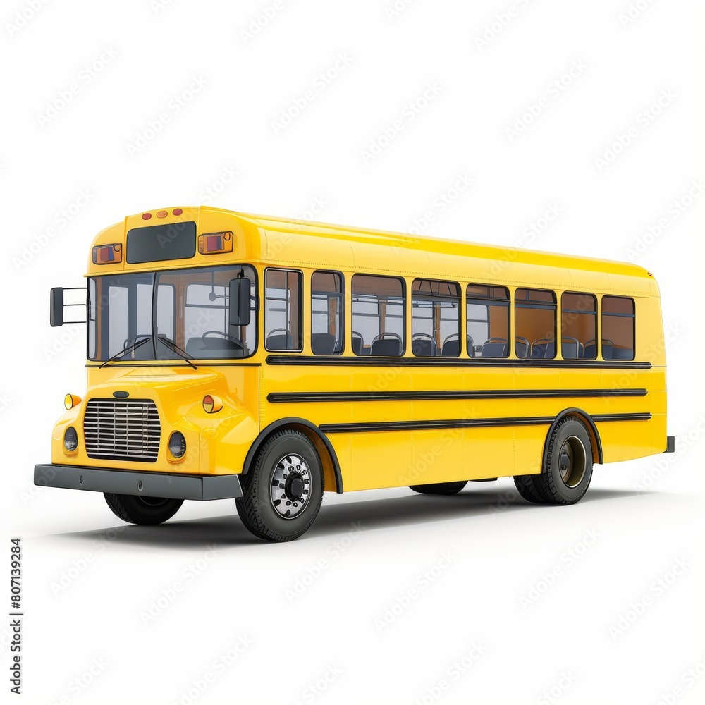 A vibrant yellow school bus stands isolated on a white background, perfect for educational and transportation concepts