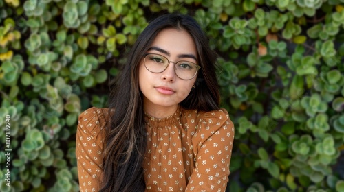   A young woman in glasses sits before a wall adorned with succulents, framed by a hedge photo