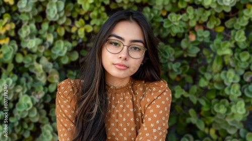  A young woman in glasses sits before a wall adorned with succulents, framed by a hedge