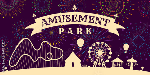 Amusement park poster with firework on night sky. Carnival funfair circus, carousels, roller coaster, attractions on fireworks sparkles rays backdrop. Fun fair festival advertising horizontal banner