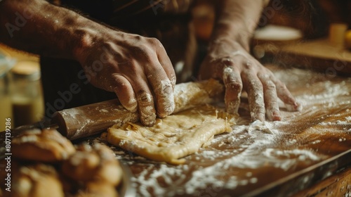 Closeup male hands rolling the dough for baking homemade of traditional pastry. Generated AI image