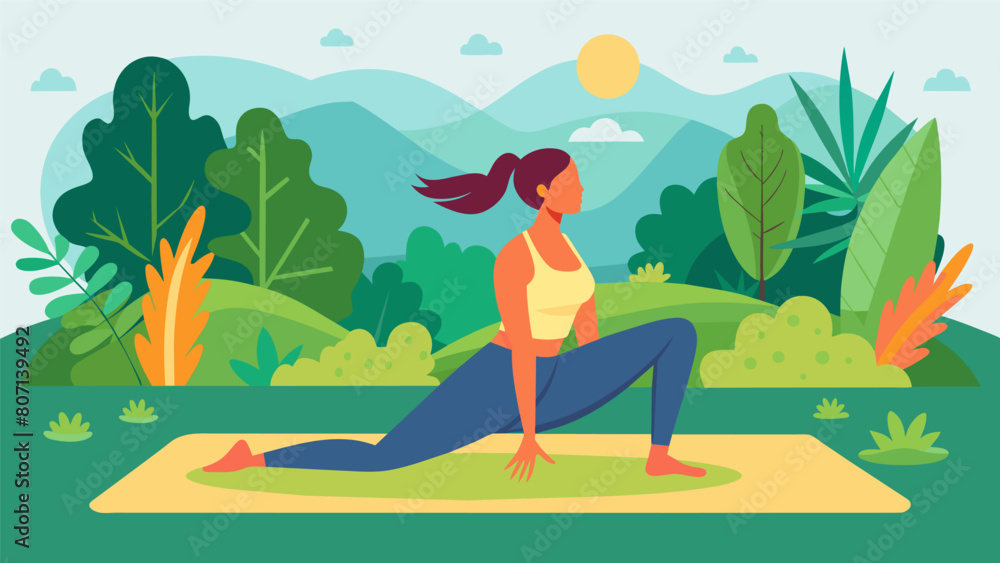 Vibrant green leaves rustle around a woman as she moves slowly and deliberately through a series of Pilates exercises on a comfortably soft outdoor. Vector illustration Vibrant green leaves rustle around a woman as she moves slowly and deliberately through a series of Pilates exercises on a comfortably soft outdoor. Vector illustration
