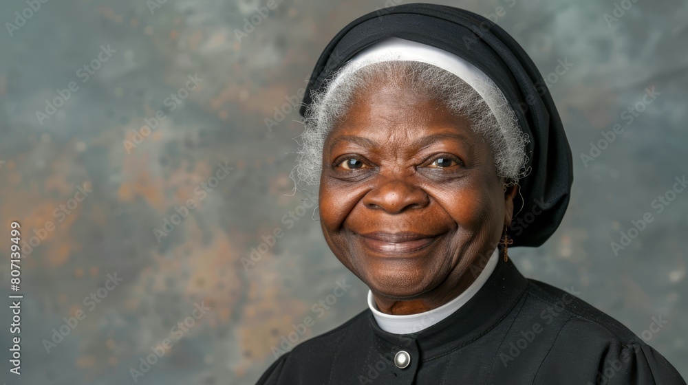 A tight shot of an individual donning a nun's habit, grinning towards the camera, with a brick wall in the backdrop A tight shot of an individual donning a nun's habit, grinning towards the camera, with a brick wall in the backdrop