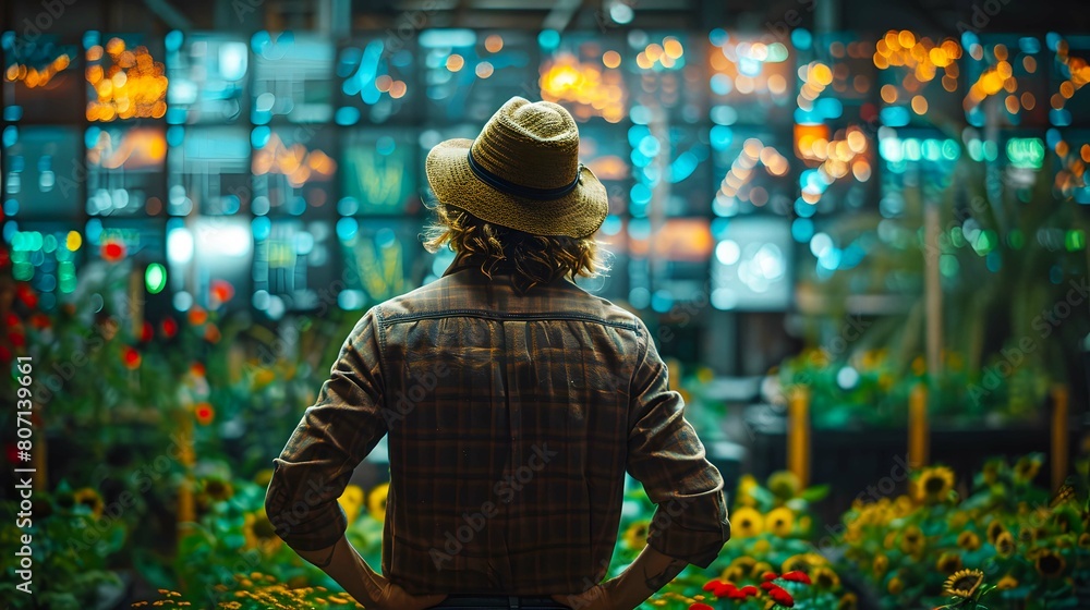 The head farmer stood in front of the control center. Surrounded by monitors showing real-time crop health data, it symbolizes the power of technology in agriculture. The head farmer stood in front of the control center. Surrounded by monitors showing real-time crop health data, it symbolizes the power of technology in agriculture.