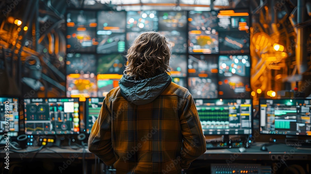 The head farmer stood in front of the control center. Surrounded by monitors showing real-time crop health data, it symbolizes the power of technology in agriculture. The head farmer stood in front of the control center. Surrounded by monitors showing real-time crop health data, it symbolizes the power of technology in agriculture.