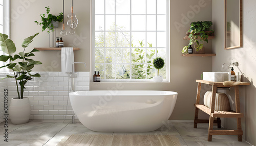 Interior of light bathroom with bathtub  sink and shelving unit
