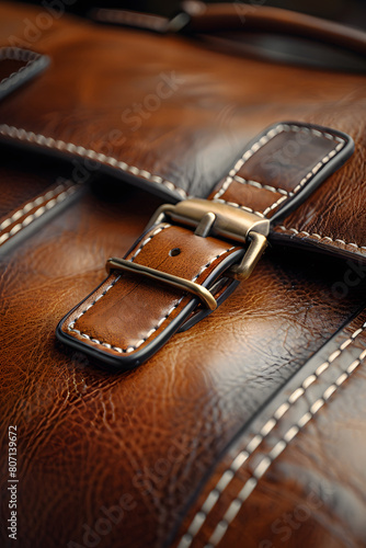 A high-quality leather bag's metal buckle and stitching