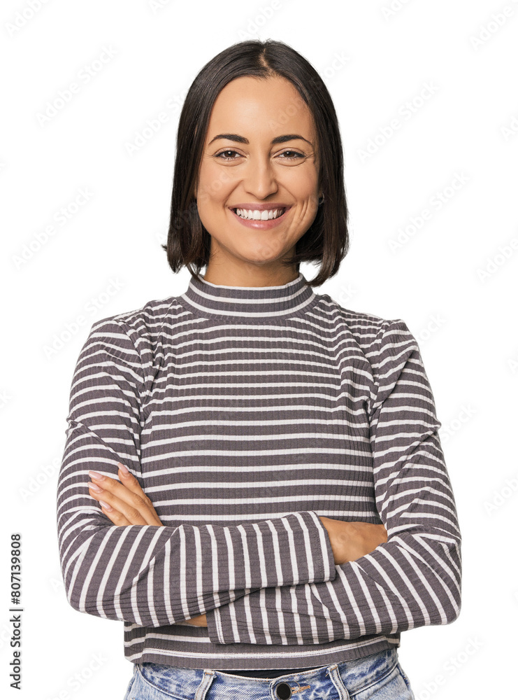 Young Caucasian woman with short hair who feels confident, crossing arms with determination. Young Caucasian woman with short hair who feels confident, crossing arms with determination.