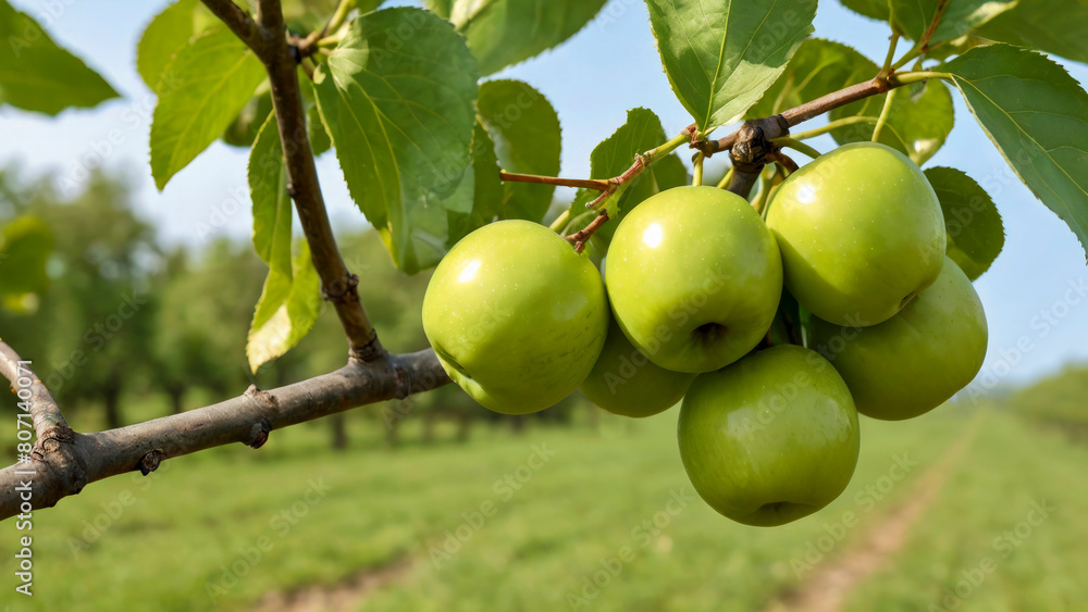 Ripe apples on branch of tree, on blurred background of apple orchard. Fruit growing care of fruit in garden. Ready to harvest. Bright sunny day. Close up. Copy space.
