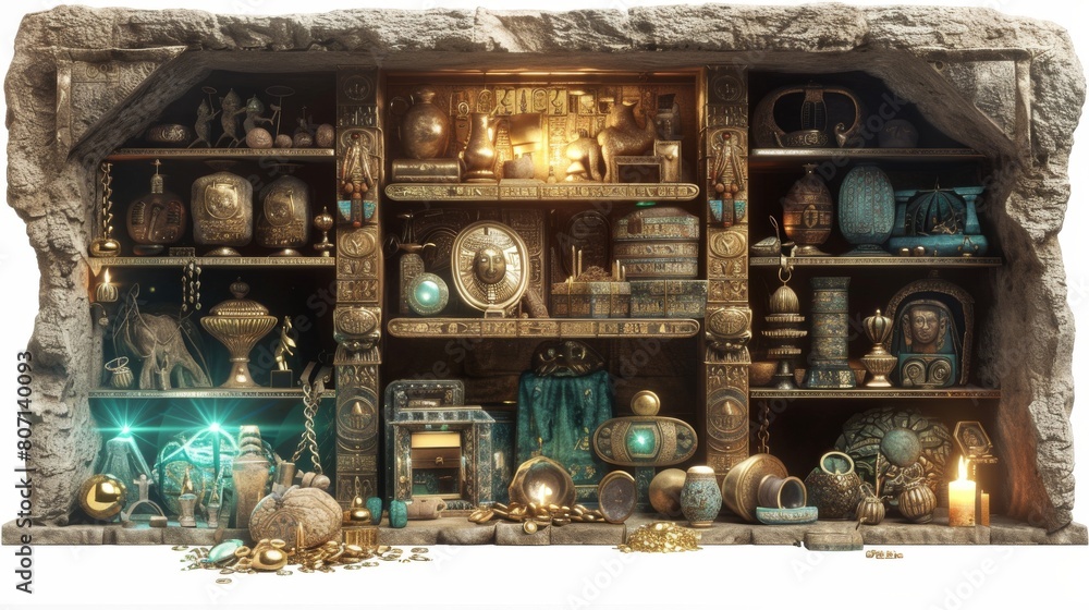 A large, ornate cabinet filled with various trinkets and treasures
