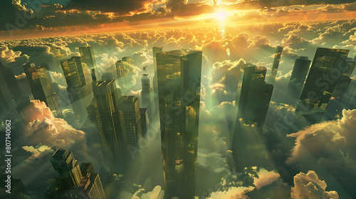 A cityscape where skyscrapers touch the clouds, reflecting sunlight off their glass surfaces