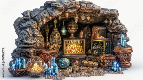 A treasure chest filled with gold and jewels sits in a cave