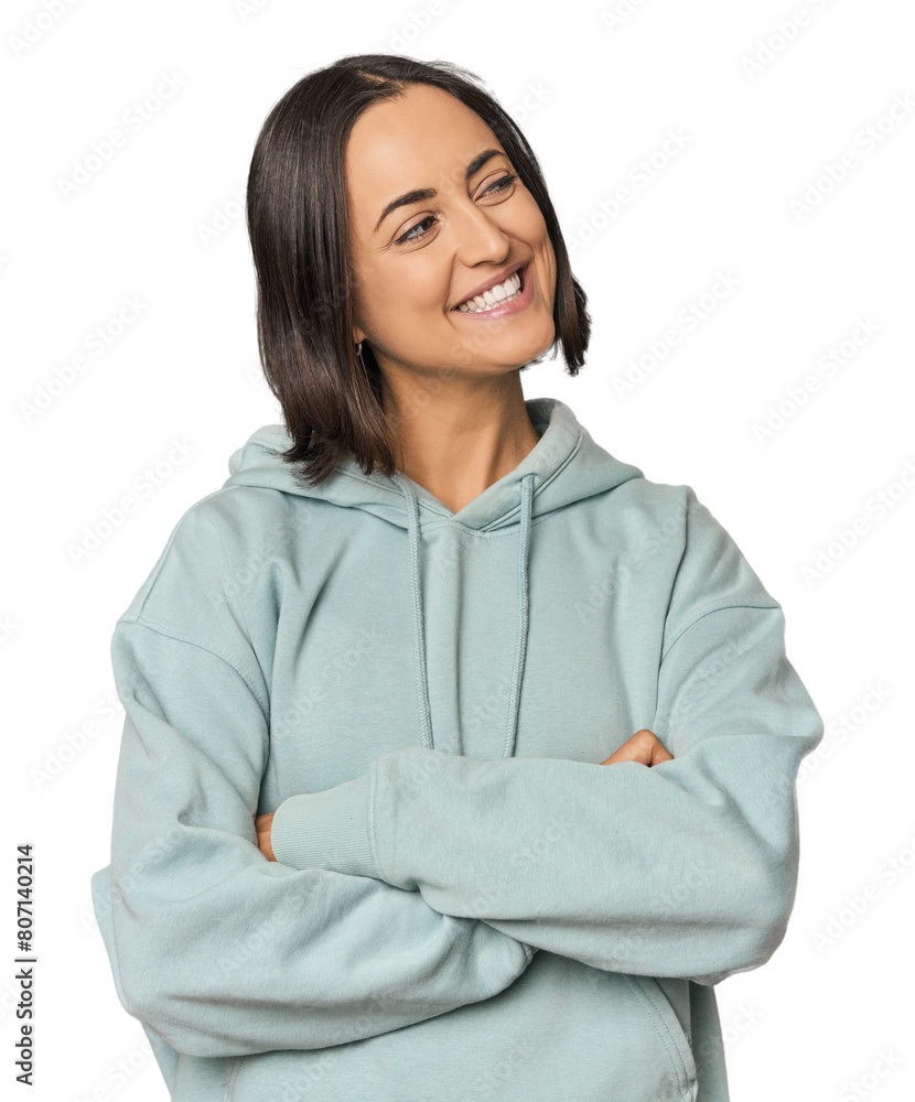 Young Caucasian woman with short hair smiling confident with crossed arms. Young Caucasian woman with short hair smiling confident with crossed arms.