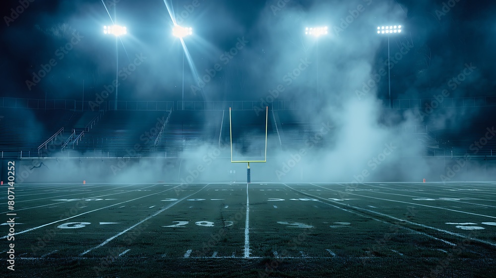 a misty football stadium at night, with haunting fog rolling across the field, enveloping the space.