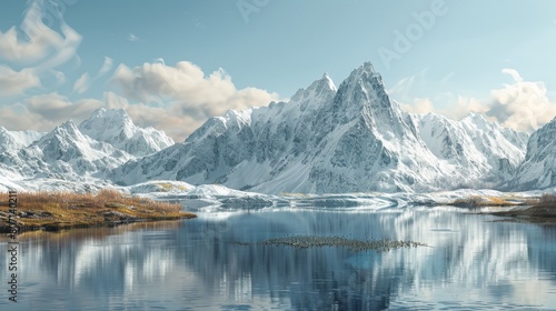 Majestic snow-capped mountains reflecting on a serene highland lake under a clear blue sky in a pristine natural landscape