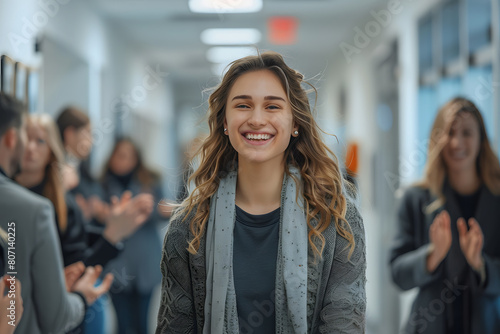 A young woman is applauded by a group of people in a campus or office hallway setting photo