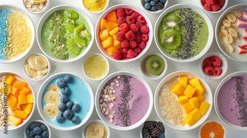 rainbow fruit smoothie bowl bar on isolated background featuring a variety of colorful fruits including blueberries  strawberries  bananas  and oranges  arranged in white bowls