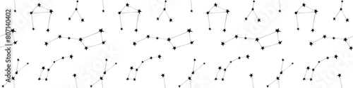 Vector seamless pattern of black different constellations on white background. Astronomy, space texture, design. Star chart, map