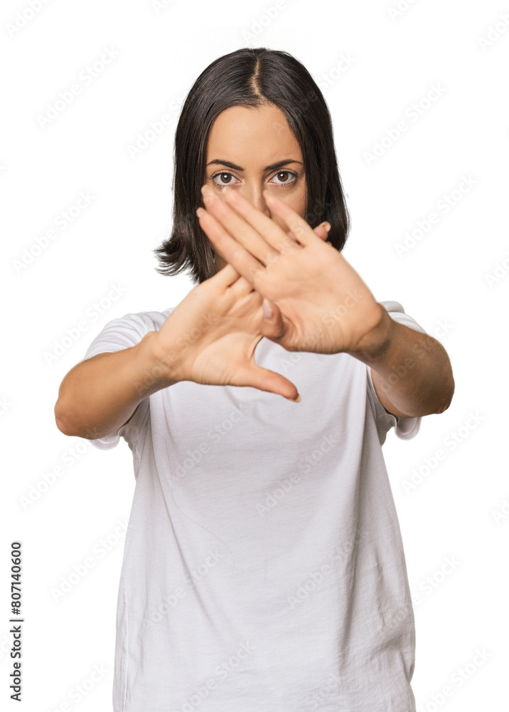 Young Caucasian woman with short hair doing a denial gesture Young Caucasian woman with short hair doing a denial gesture