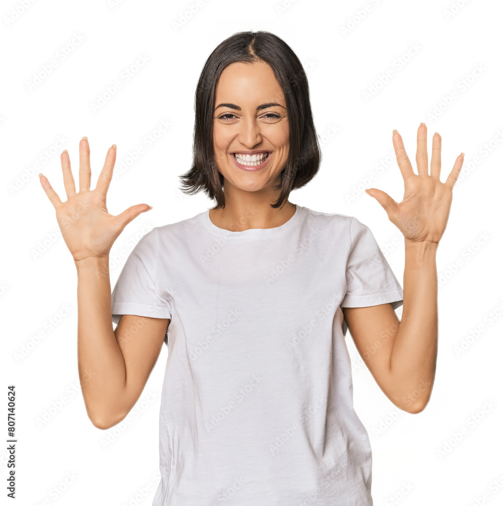 Young Caucasian woman with short hair showing number ten with hands. Young Caucasian woman with short hair showing number ten with hands.