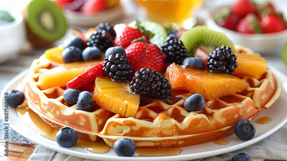 rainbow fruit waffles on white plate topped with sliced oranges, black blueberries, and a red strawberry, accompanied by a white bowl rainbow fruit waffles on white plate topped with sliced oranges, black blueberries, and a red strawberry, accompanied by a white bowl