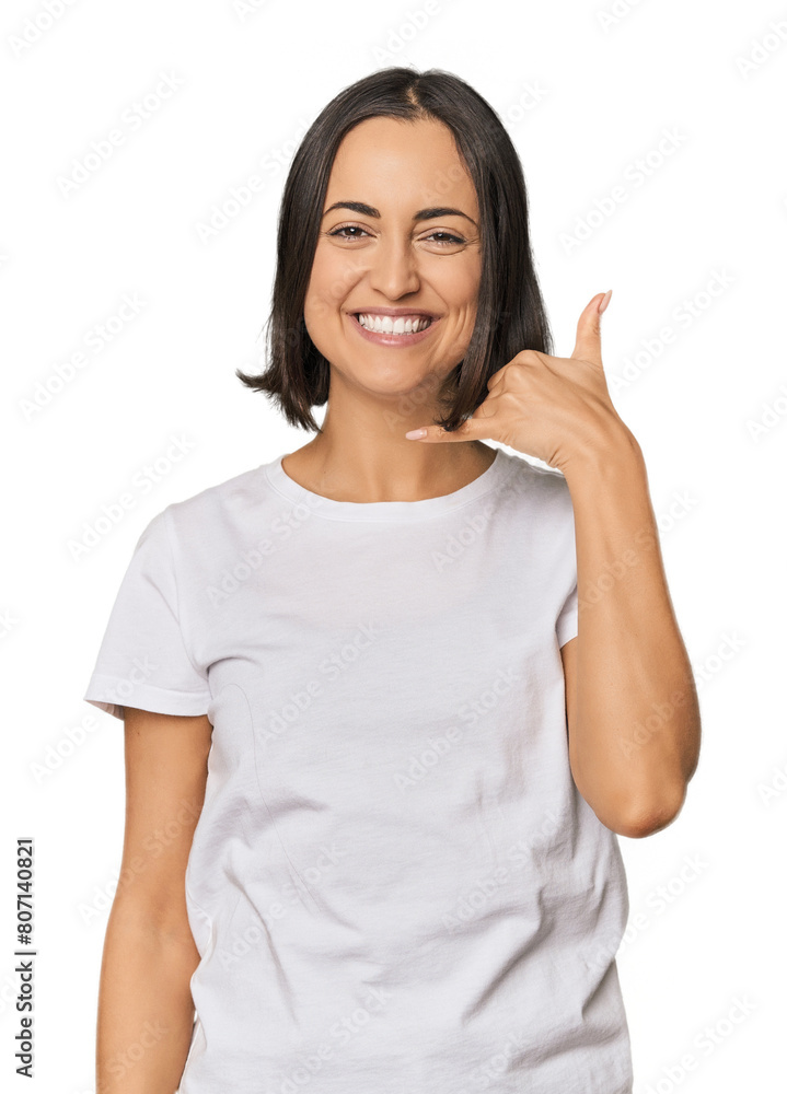 Young Caucasian woman with short hair showing a mobile phone call gesture with fingers. Young Caucasian woman with short hair showing a mobile phone call gesture with fingers.