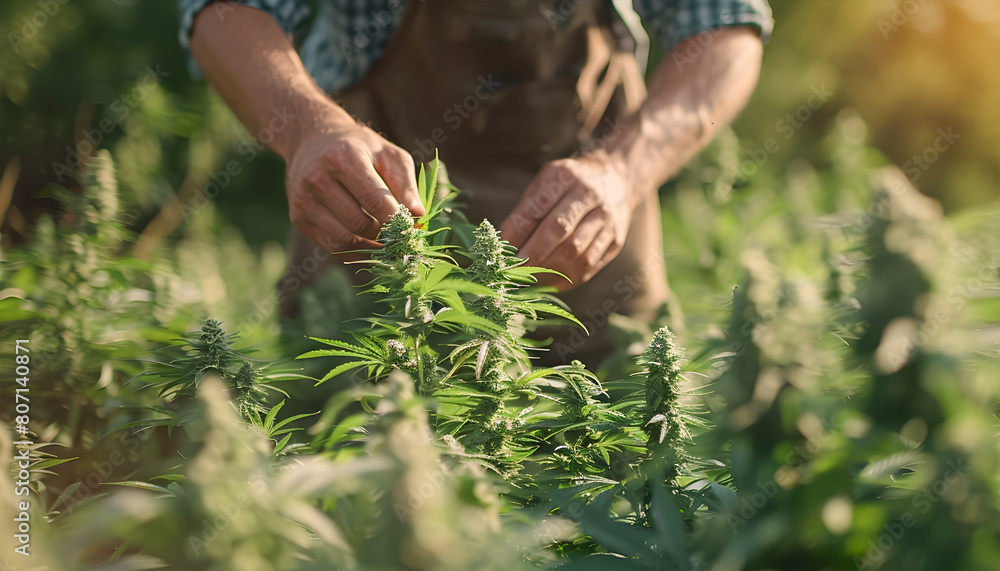 Fototapeta premium Spring Harvest: Farmer Expertly Cutting Medicinal Cannabis in High Detail on the Farm