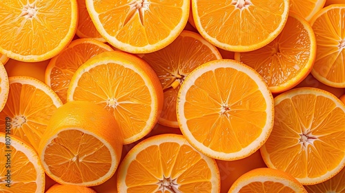 Slices of fresh orange fruit as background. Top view.