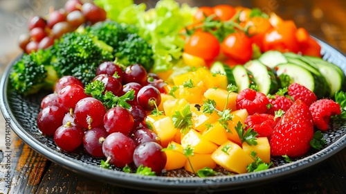 Healthy meal consisting of salad and fruit.