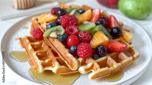 rainbow fruit waffles on white plate topped with black blueberries and a green apple