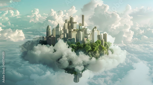 A floating city drifting among the clouds  powered by renewable energy sources