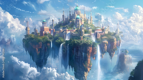 A floating island adorned with crystal palaces, surrounded by waterfalls that flow upwards