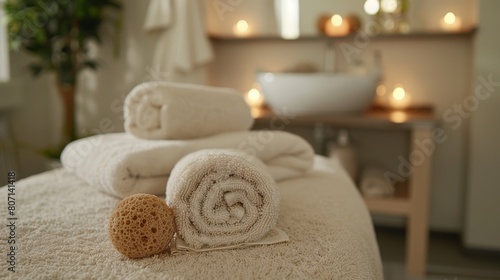 Cozy spa setting with neatly stacked towels  candles  and botanical elements under warm glowing lights for a relaxing atmosphere