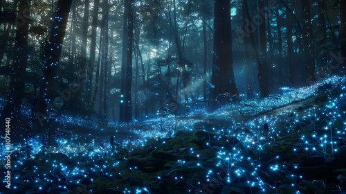 A forest overtaken by bioluminescent flora, casting an ethereal glow on the surroundings photo