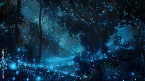 A forest overtaken by bioluminescent flora, casting an ethereal glow on the surroundings photo