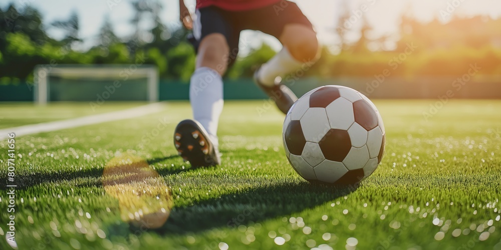 Fototapeta premium Close-up of a soccer player's foot striking a soccer ball on a sunny day at the field Emphasizes action and skill in sports