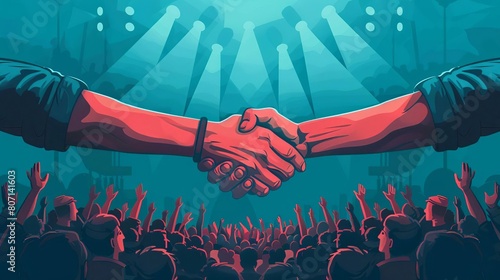 Handshake with a sold out crowd, Achieving success in the entertainment industry or events photo