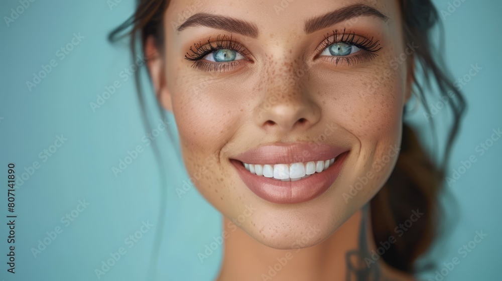 A tight shot of a woman's face, adorned with freckles dotting her cheeks and upper lip A tight shot of a woman's face, adorned with freckles dotting her cheeks and upper lip