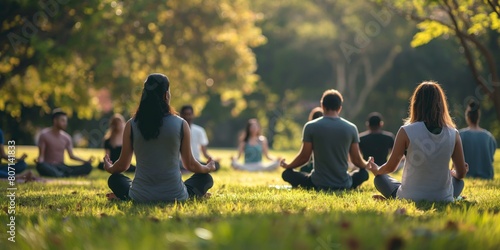 A peaceful gathering of individuals practicing meditation in a serene park setting, symbolizing mindfulness and communal harmony