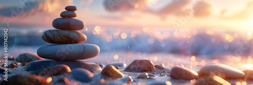 Stacked pebbles on a pebbly beach with shimmering water backdrop create a zen-like atmosphere for relaxation