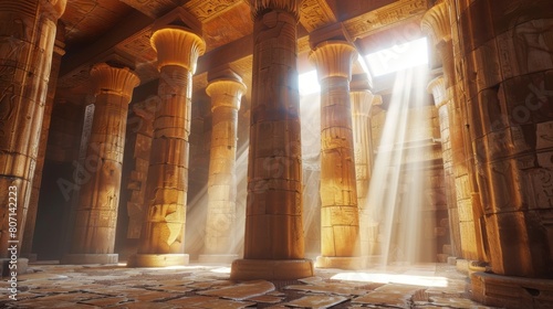 A large, empty room with a lot of pillars. The room is filled with sunlight, creating a warm and inviting atmosphere. The pillars are tall and seem to be supporting the ceiling