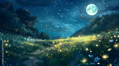 A moonlit meadow where fireflies illuminate the night like a thousand twinkling stars