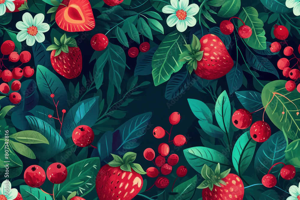 Seamless pattern with assorted berries and flowers on dark background, botanical illustration for fabric and wallpaper design Seamless pattern with assorted berries and flowers on dark background, botanical illustration for fabric and wallpaper design