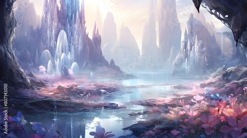 Fantasy landscape with a mountain lake and waterfall. Digital painting.