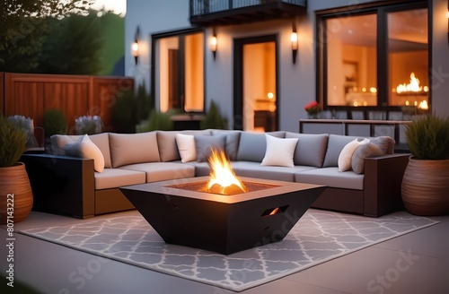 Beautiful terrace with lighting. Furniture around the fire pit. Cozy evenings on the terrace © Ana River