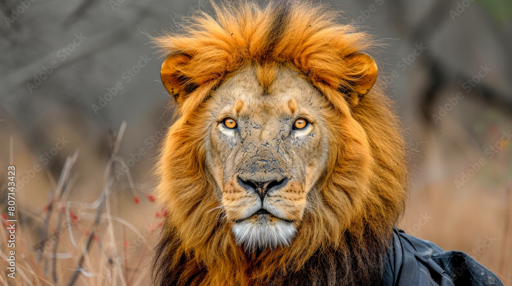 A lion with a long mane and a yellow eye stares at the camera