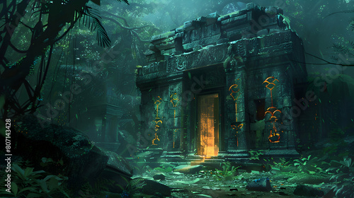 A temple hidden within a jungle, its walls covered in glowing runes that tell the stories of forgotten gods photo